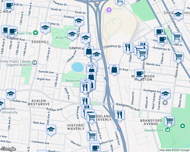 map of restaurants, bars, coffee shops, grocery stores, and more near 763 Lynwood Avenue in Nashville