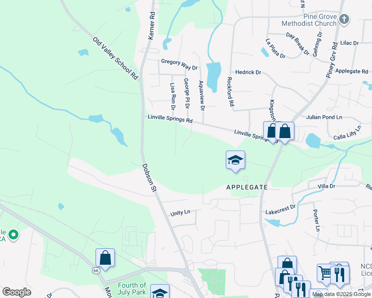 map of restaurants, bars, coffee shops, grocery stores, and more near 307 Linville Springs Road in Kernersville