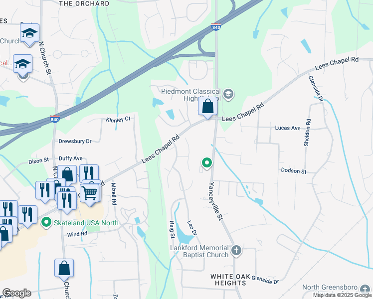 map of restaurants, bars, coffee shops, grocery stores, and more near 124 Heritage Creek Way in Greensboro