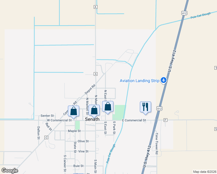 map of restaurants, bars, coffee shops, grocery stores, and more near 203 Oak Street in Senath