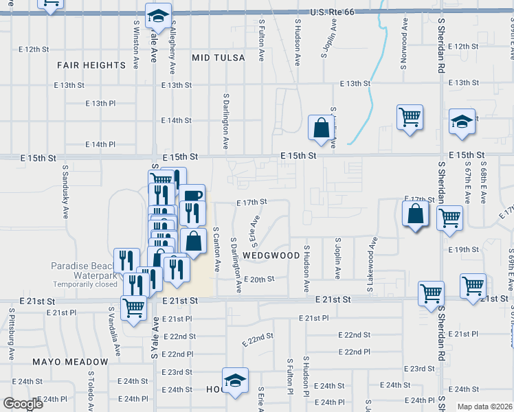 map of restaurants, bars, coffee shops, grocery stores, and more near 1708 South Erie Avenue in Tulsa