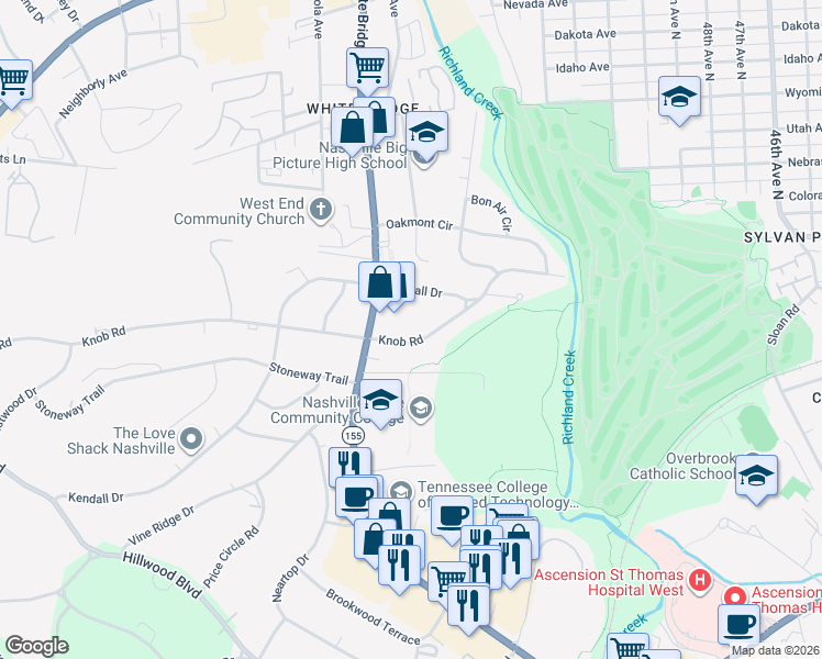 map of restaurants, bars, coffee shops, grocery stores, and more near 5554 Knob Road in Nashville