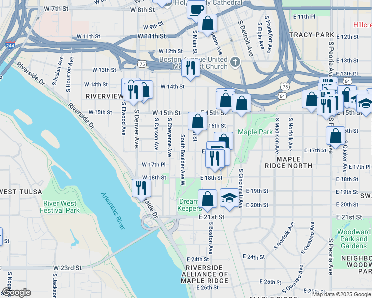 map of restaurants, bars, coffee shops, grocery stores, and more near 1643 South Boulder Avenue in Tulsa