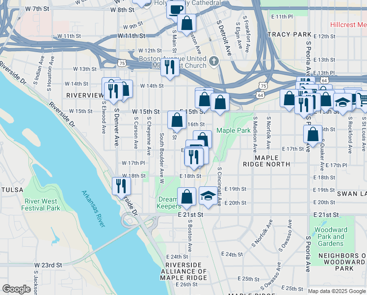 map of restaurants, bars, coffee shops, grocery stores, and more near 1648 South Baltimore Avenue in Tulsa