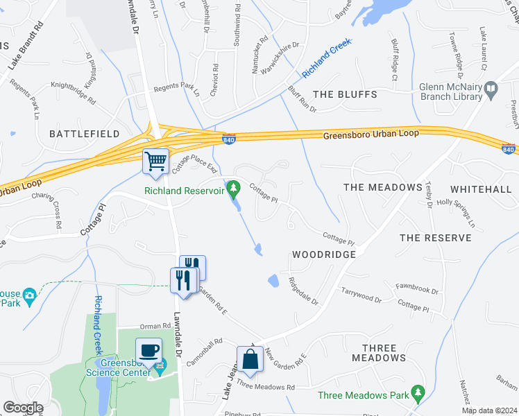 map of restaurants, bars, coffee shops, grocery stores, and more near 2763 Cottage Place in Greensboro