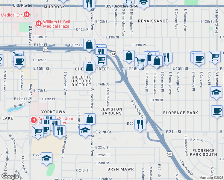 map of restaurants, bars, coffee shops, grocery stores, and more near 2511 East 17th Street in Tulsa