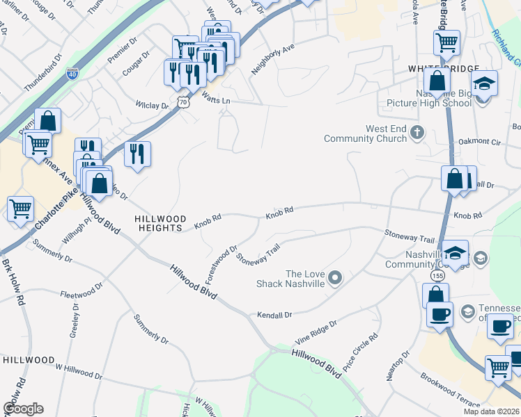 map of restaurants, bars, coffee shops, grocery stores, and more near 5724 Knob Road in Nashville