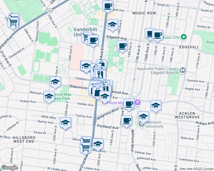 map of restaurants, bars, coffee shops, grocery stores, and more near 2000 Wedgewood Avenue in Nashville