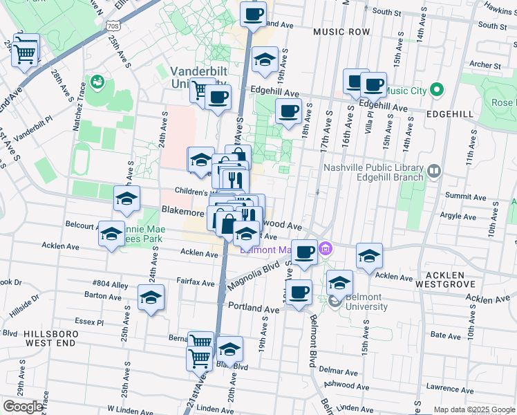 map of restaurants, bars, coffee shops, grocery stores, and more near 1908 Blakemore Avenue in Nashville