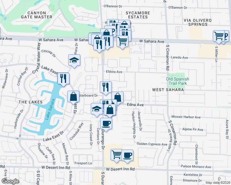 map of restaurants, bars, coffee shops, grocery stores, and more near 2750 South Durango Drive in Las Vegas