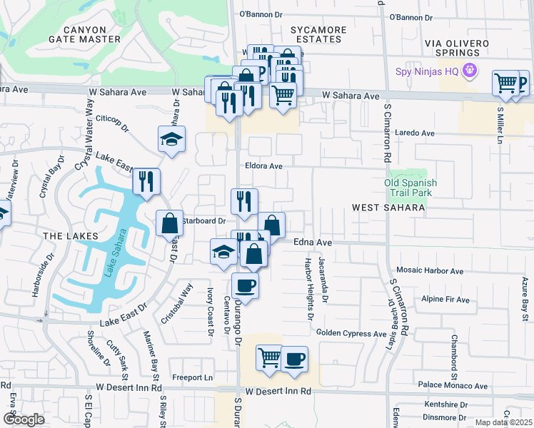 map of restaurants, bars, coffee shops, grocery stores, and more near 2750 South Durango Drive in Las Vegas