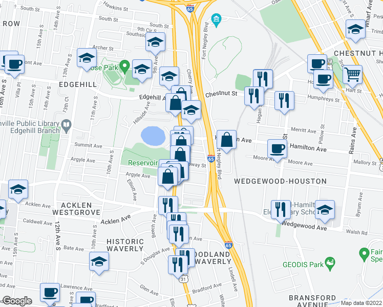 map of restaurants, bars, coffee shops, grocery stores, and more near 763 Lynwood Avenue in Nashville