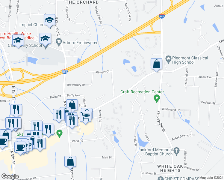 map of restaurants, bars, coffee shops, grocery stores, and more near 3911 Woodberry Lake Drive in Greensboro