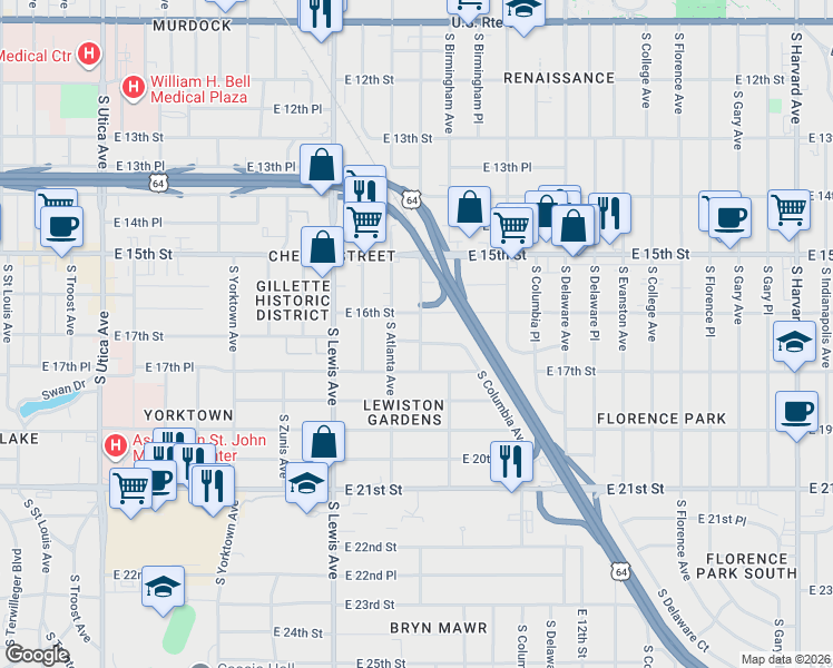 map of restaurants, bars, coffee shops, grocery stores, and more near 2521 East 17th Street in Tulsa