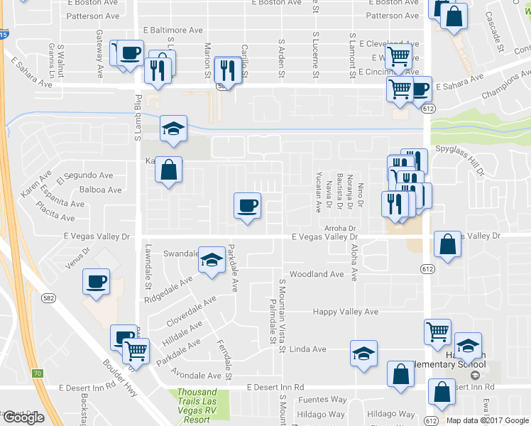 map of restaurants, bars, coffee shops, grocery stores, and more near 2841 Wheelwright Drive in Las Vegas