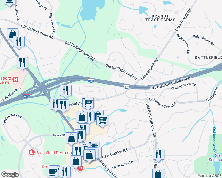map of restaurants, bars, coffee shops, grocery stores, and more near 3696 Cotswold Avenue in Greensboro