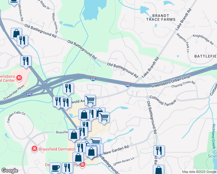 map of restaurants, bars, coffee shops, grocery stores, and more near 3696 Cotswold Avenue in Greensboro