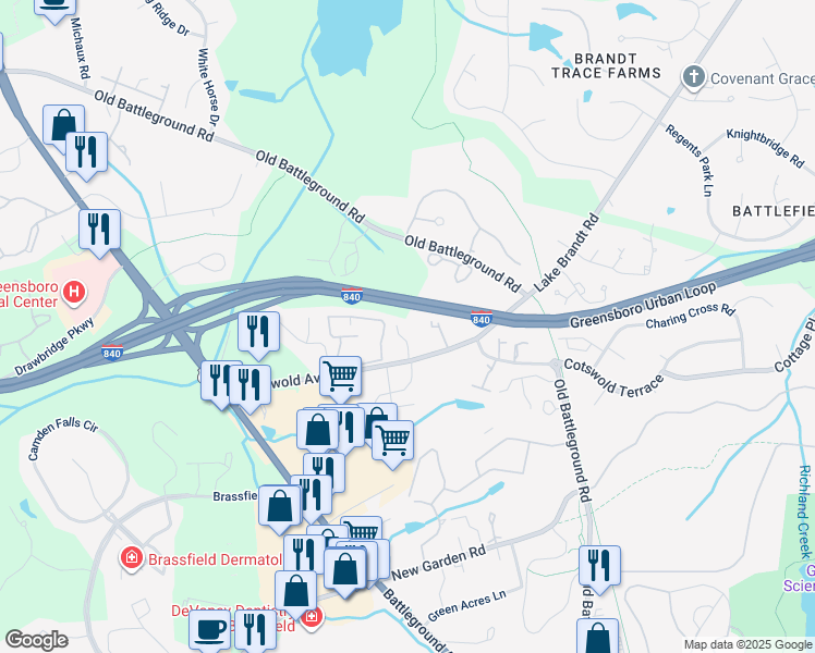 map of restaurants, bars, coffee shops, grocery stores, and more near 3696 Cotswold Avenue in Greensboro