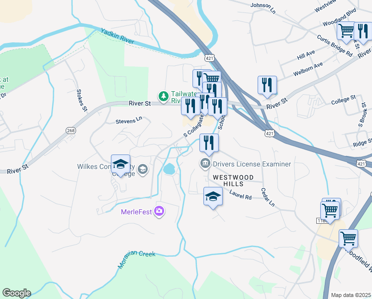 map of restaurants, bars, coffee shops, grocery stores, and more near Moravian Creek in Wilkesboro