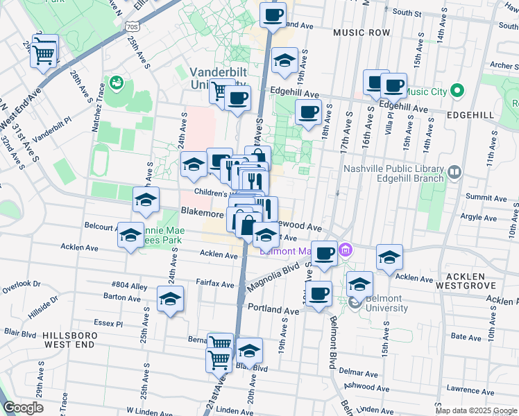 map of restaurants, bars, coffee shops, grocery stores, and more near 1624 21st Avenue South in Nashville
