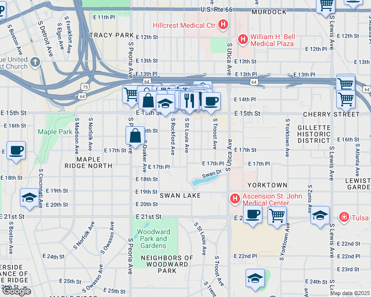 map of restaurants, bars, coffee shops, grocery stores, and more near 1701 South Rockford Avenue in Tulsa