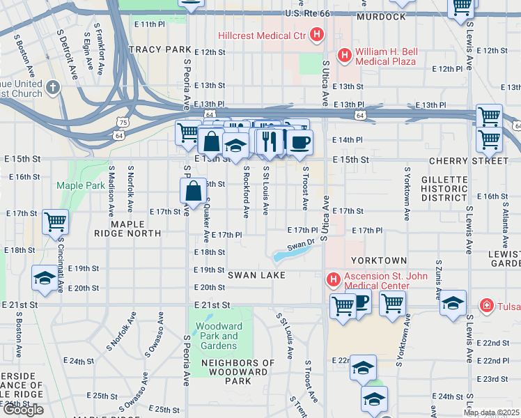 map of restaurants, bars, coffee shops, grocery stores, and more near 1701 South Rockford Avenue in Tulsa