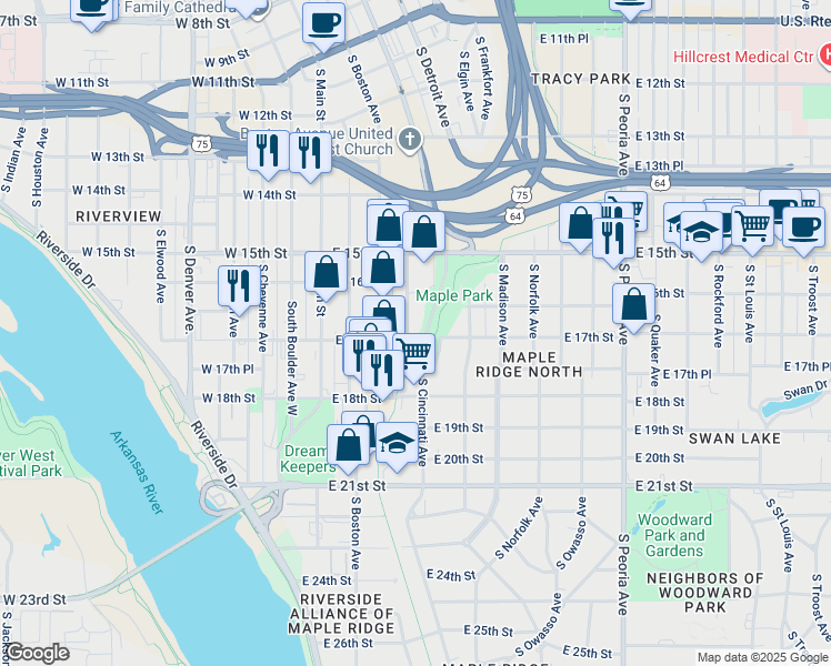 map of restaurants, bars, coffee shops, grocery stores, and more near 1635 South Cincinnati Avenue in Tulsa