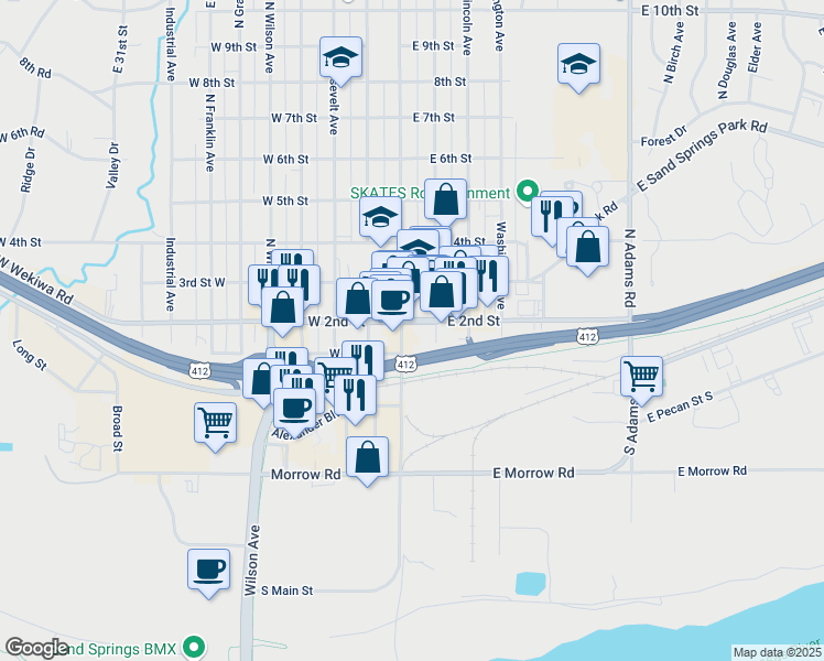 map of restaurants, bars, coffee shops, grocery stores, and more near 205 North Main Street in Sand Springs