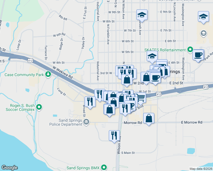 map of restaurants, bars, coffee shops, grocery stores, and more near 606 West 2nd Street in Sand Springs