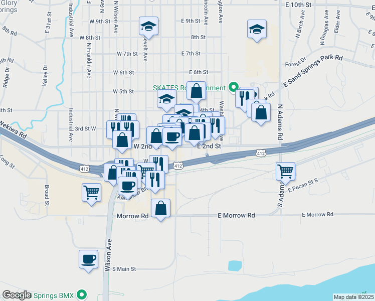 map of restaurants, bars, coffee shops, grocery stores, and more near 205 North Main Street in Sand Springs