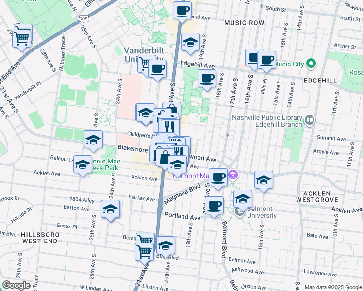 map of restaurants, bars, coffee shops, grocery stores, and more near 2000 Wedgewood Avenue in Nashville
