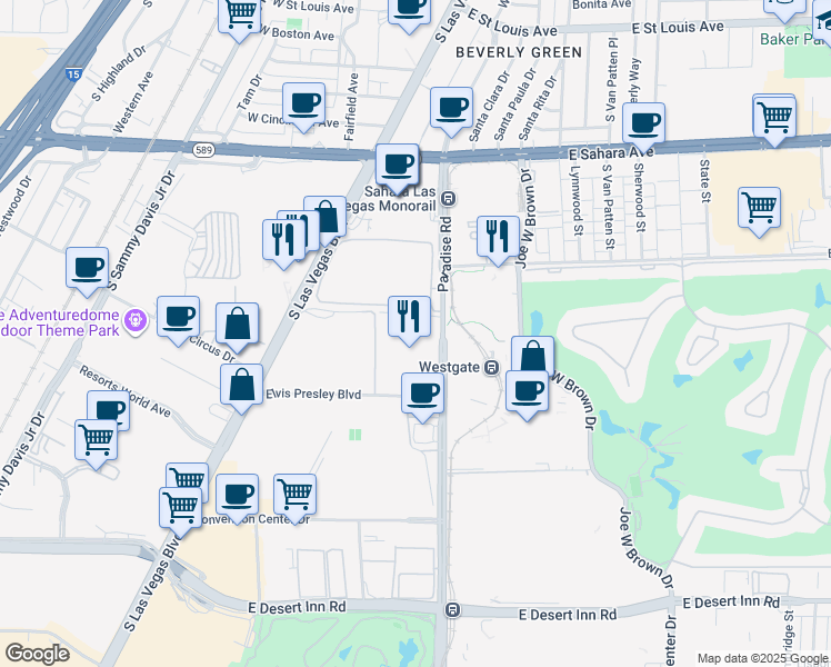 map of restaurants, bars, coffee shops, grocery stores, and more near 2747 Paradise Road in Las Vegas