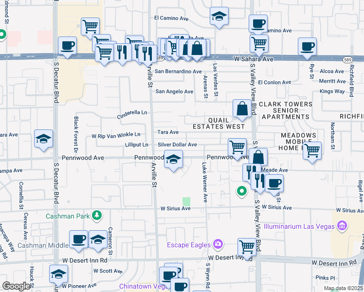 map of restaurants, bars, coffee shops, grocery stores, and more near 4237 Silver Dollar Avenue in Las Vegas