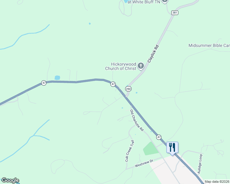 map of restaurants, bars, coffee shops, grocery stores, and more near 2715 Tennessee 47 in White Bluff