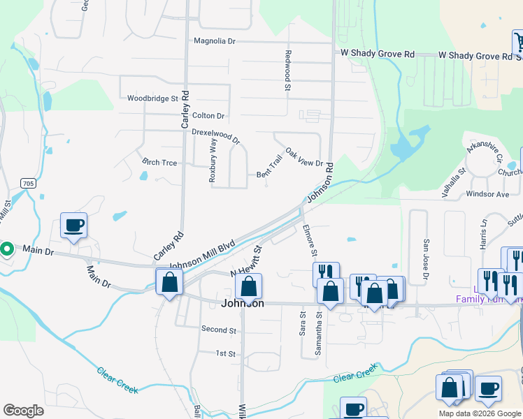 map of restaurants, bars, coffee shops, grocery stores, and more near 2624 Oak Rd in Springdale