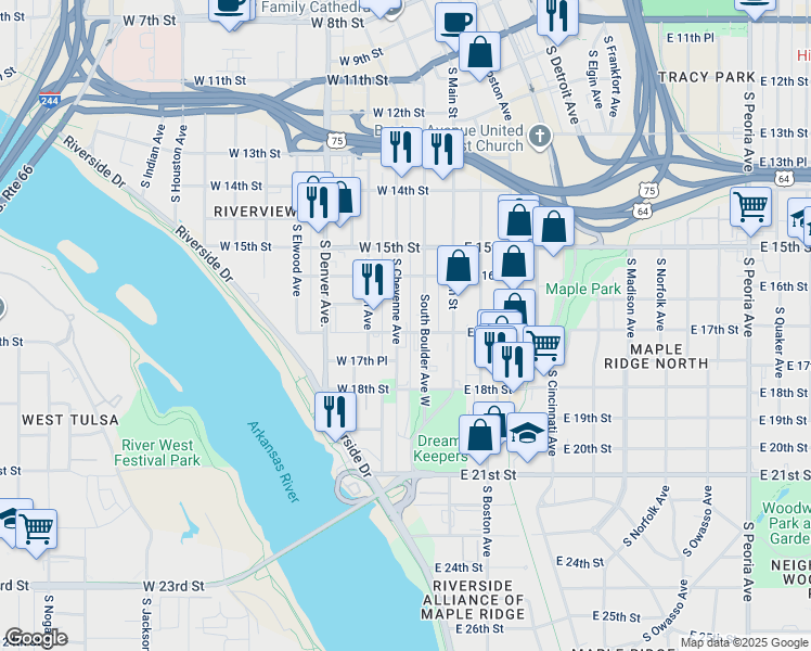 map of restaurants, bars, coffee shops, grocery stores, and more near 1645 S Cheyenne Ave in Tulsa