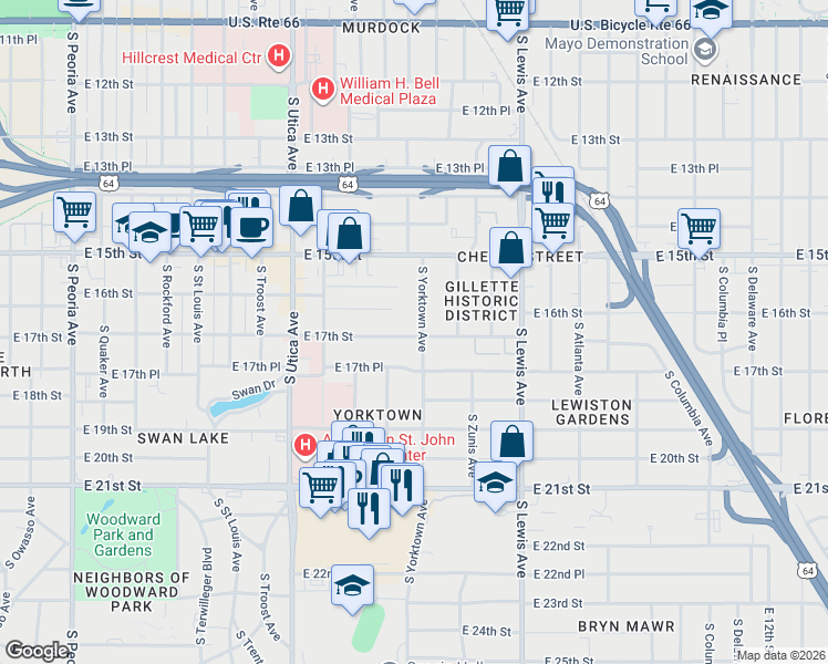map of restaurants, bars, coffee shops, grocery stores, and more near 1568 South Yorktown Avenue in Tulsa