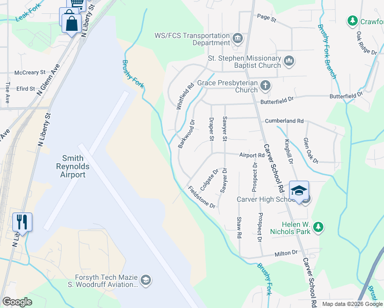 map of restaurants, bars, coffee shops, grocery stores, and more near 3000 Draper Court in Winston-Salem