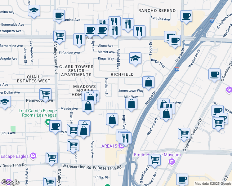 map of restaurants, bars, coffee shops, grocery stores, and more near 2820 Richfield Boulevard in Las Vegas