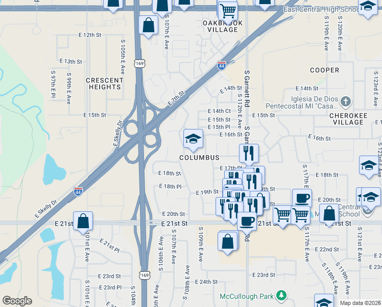 map of restaurants, bars, coffee shops, grocery stores, and more near 1630 East 25th Street in Tulsa
