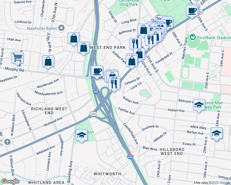 map of restaurants, bars, coffee shops, grocery stores, and more near 3415 West End Avenue in Nashville
