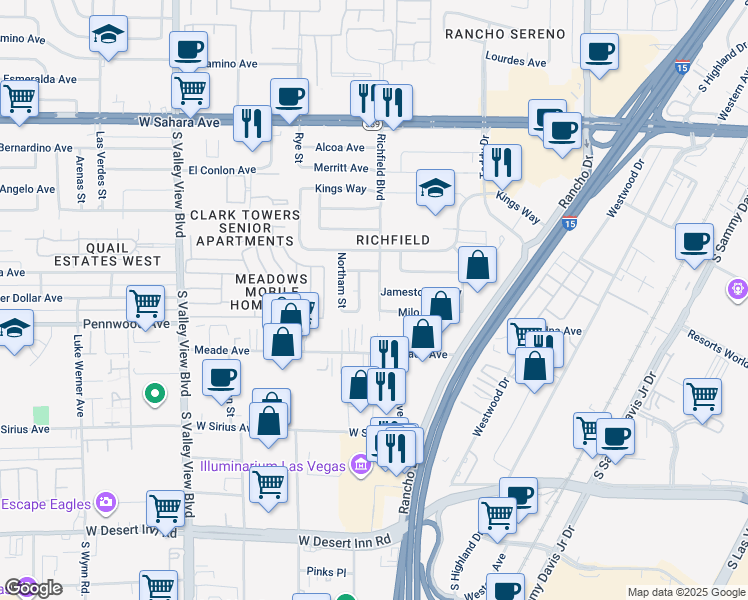 map of restaurants, bars, coffee shops, grocery stores, and more near 2820 Richfield Boulevard in Las Vegas
