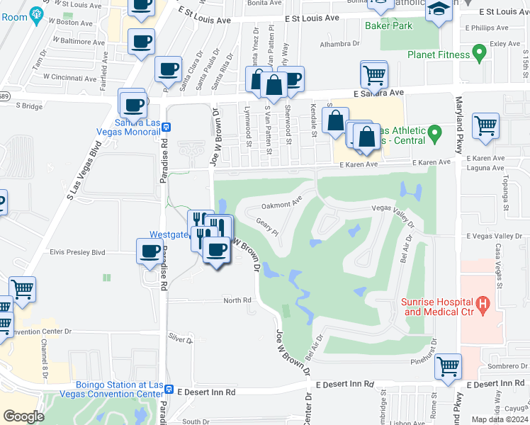 map of restaurants, bars, coffee shops, grocery stores, and more near 669 Oakmont Avenue in Las Vegas