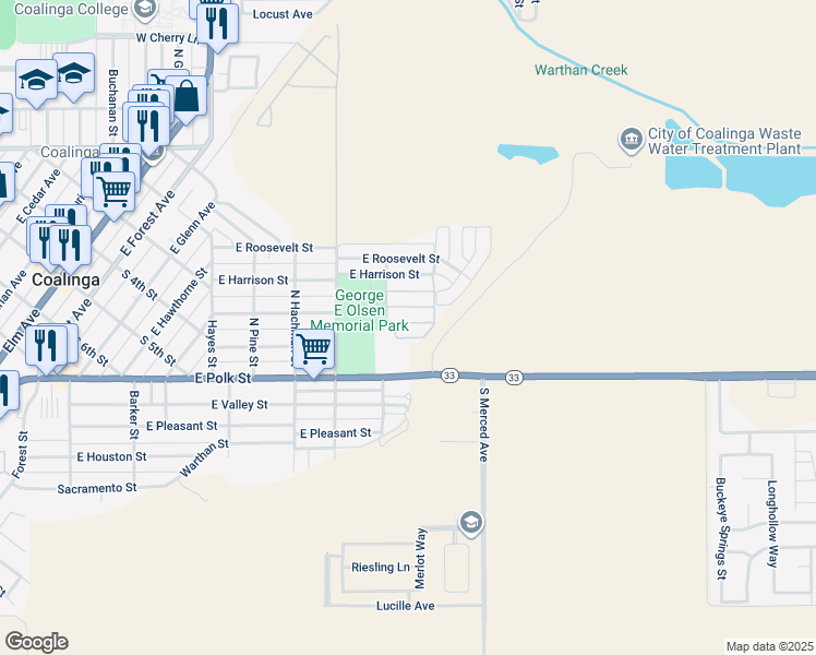 map of restaurants, bars, coffee shops, grocery stores, and more near 540 Childers Street in Coalinga