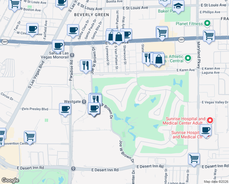 map of restaurants, bars, coffee shops, grocery stores, and more near 639 Oakmont Avenue in Las Vegas