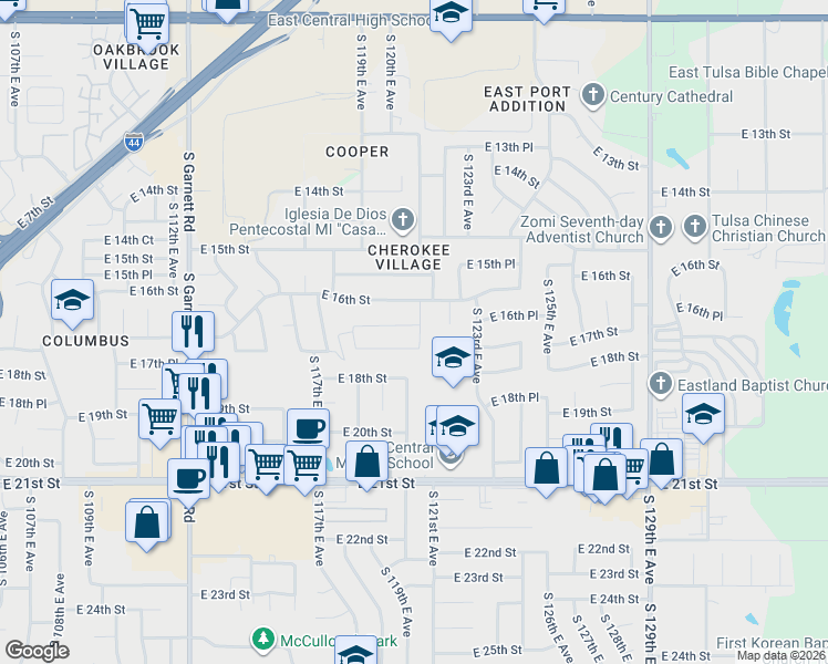 map of restaurants, bars, coffee shops, grocery stores, and more near 11960 East 16th Place in Tulsa
