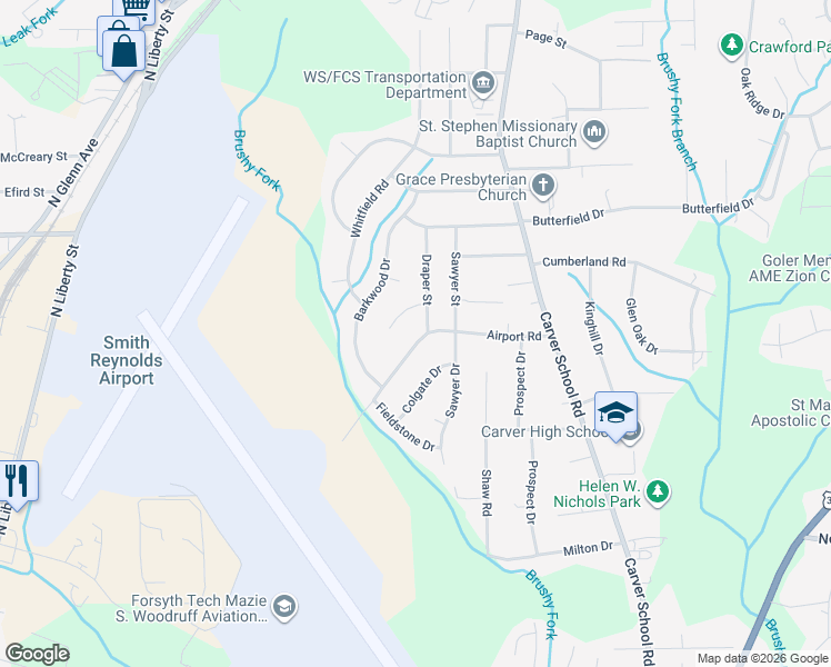 map of restaurants, bars, coffee shops, grocery stores, and more near 3035 Airport Road in Winston-Salem