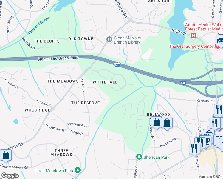 map of restaurants, bars, coffee shops, grocery stores, and more near 36 Mansfield Circle in Greensboro