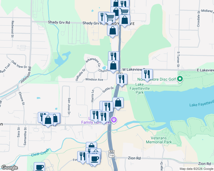 map of restaurants, bars, coffee shops, grocery stores, and more near 108 Suttle Dr in Springdale