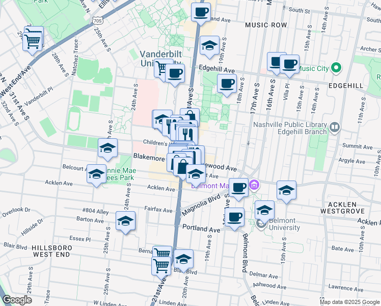 map of restaurants, bars, coffee shops, grocery stores, and more near 1620 21st Avenue South in Nashville